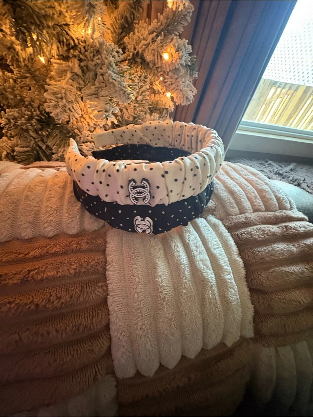 Fashion set of 2 Polka Dot Double Headband Set — Black & Cream